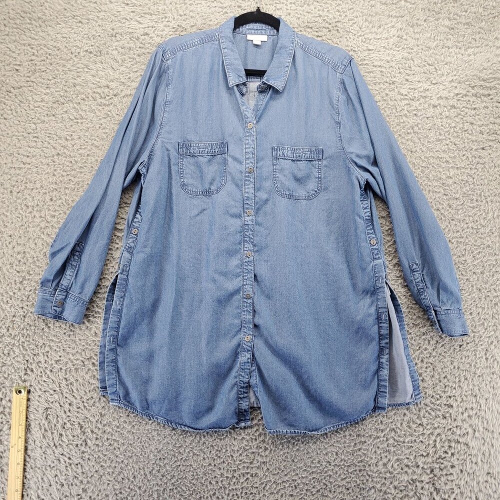 J. Jill Top Womens XL Blue Denim Long Button Side-Slit Lightweight 100% Lyocell
